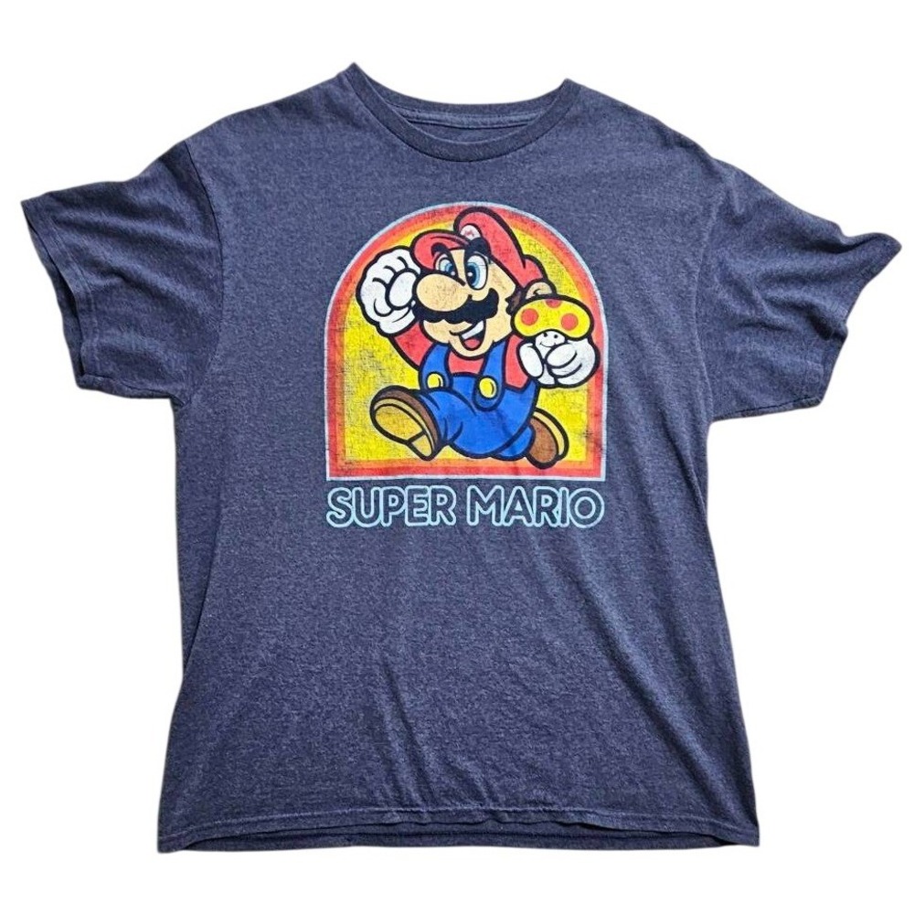 Nintendo Super Mario Bros Graphic Tee Mensβ Large Heather Navy Blue Retro Gaming